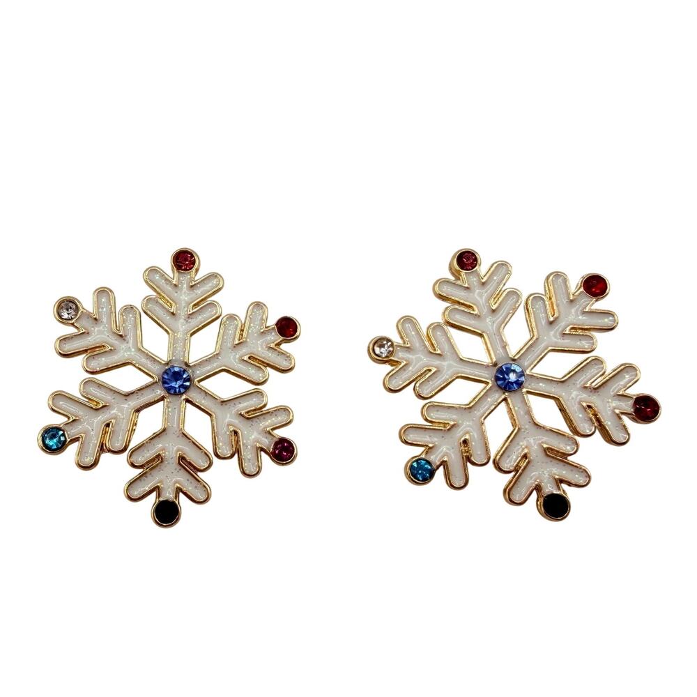 Multicolor Rhinestone Snowflake Christmas Holiday Enamel Gold Tone 1.5" Earrings